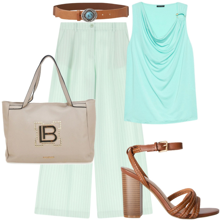 Outfit donna - Verde acquamarina. Stile Casual chic per Tutti i giorni. Abbinamento con pantaloni a palazzo, cinture, borse a spalla, top, sandali col tacco.