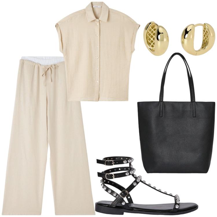 Outfit donna - Aspettando l\'estate. Stile Etnico per Tutti i giorni. Abbinamento con pantaloni, borse tote, camicie a manica corta, sandali, orecchini.