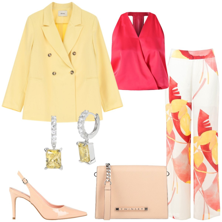 Outfit donna - Cerimonia. Stile Chic per Cerimonia. Abbinamento con borse a tracolla, décolleté, blazer, orecchini, top, pantaloni.