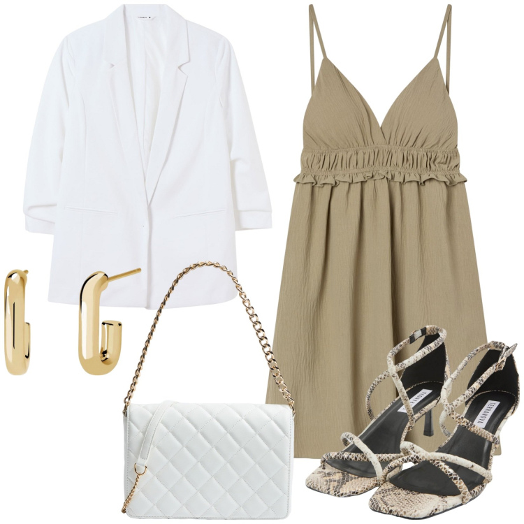 Outfit donna - Estate Terranova. Stile Etnico per Serata fuori. Abbinamento con vestiti corti, blazer, sandali col tacco, borse a tracolla, orecchini.