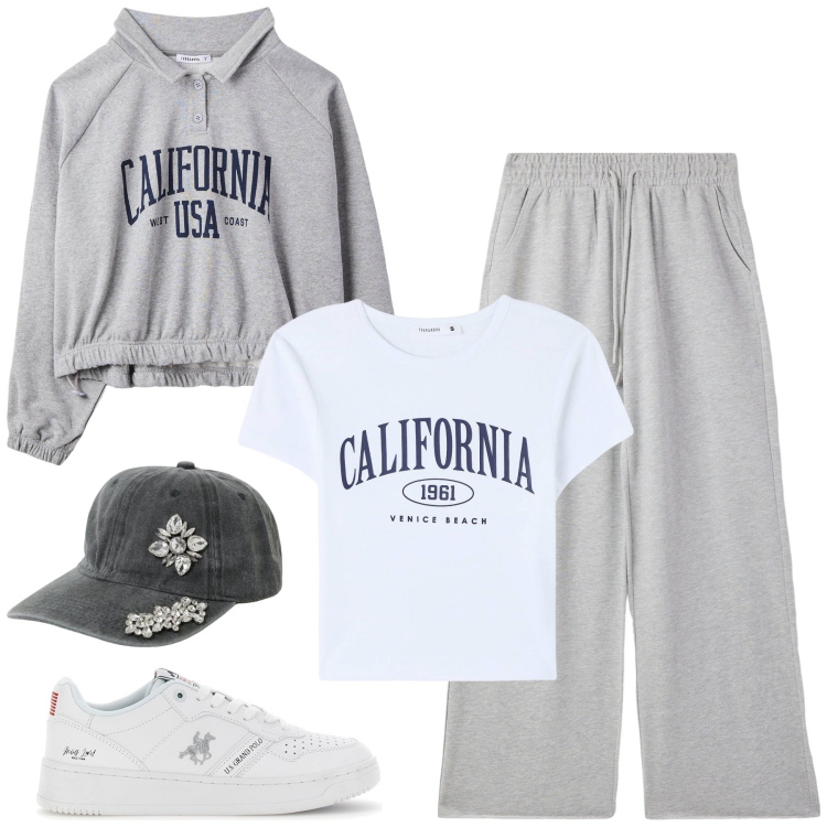Outfit donna - Sporty nel weekend. Stile Casual per Tutti i giorni. Abbinamento con felpe, t-shirt sportive, pantaloni sportivi, cappelli, sneakers.
