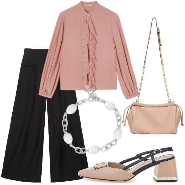 Outfit donna - A cena a casa di amici. Stile Casual chic per Serata fuori. Abbinamento con braccialetti, décolleté, camicie, pantaloni, borse a tracolla.