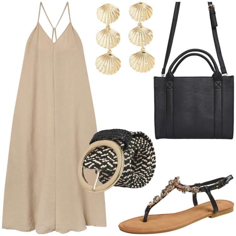 Outfit donna - Sognando le vacanze. Stile Etnico per Tutti i giorni. Abbinamento con vestiti lunghi, borse tote, orecchini, cinture, sandali gioiello.