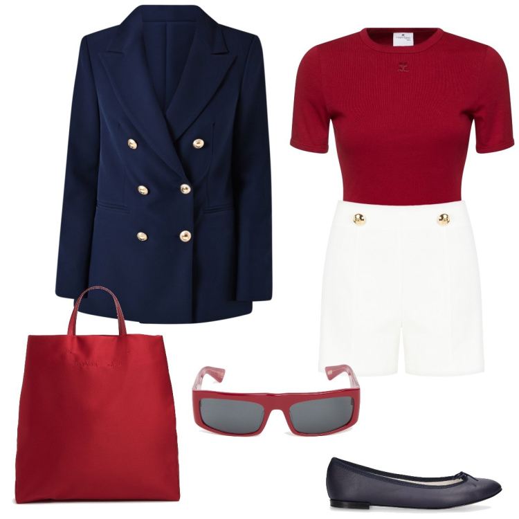 Outfit donna - Mannish short. Stile Mannish per Tutti i giorni. Abbinamento con blazer, shorts, ballerine, t-shirt, occhiali da sole, shopping bag.