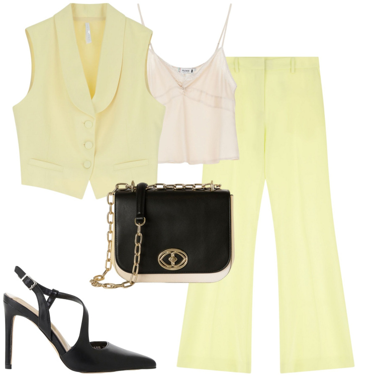 Outfit donna - Yellow. Stile Trendy per Tutti i giorni. Abbinamento con top, décolleté, pantaloni, gilet, borse a tracolla.