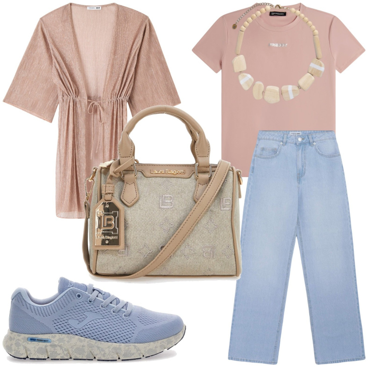 Outfit donna - Sportiva urban. Stile Minimal per Tutti i giorni. Abbinamento con jeans, caftani, t-shirt, sneakers, borse a tracolla, collane.