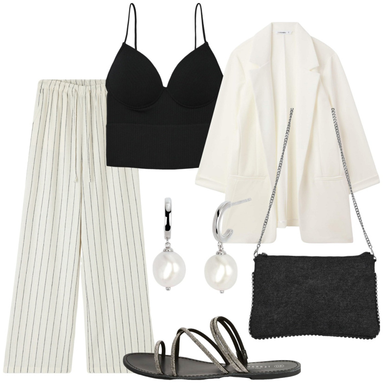 Outfit donna - Eleganza rilassata. Stile Casual chic per Serata fuori. Abbinamento con pantaloni, blazer, top, borse a tracolla, sandali, orecchini.