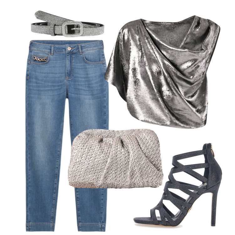 Outfit donna - Top argento protagonista. Stile Casual chic per Serata fuori. Abbinamento con cinture, bluse, clutch, jeans skinny, sandali col tacco.