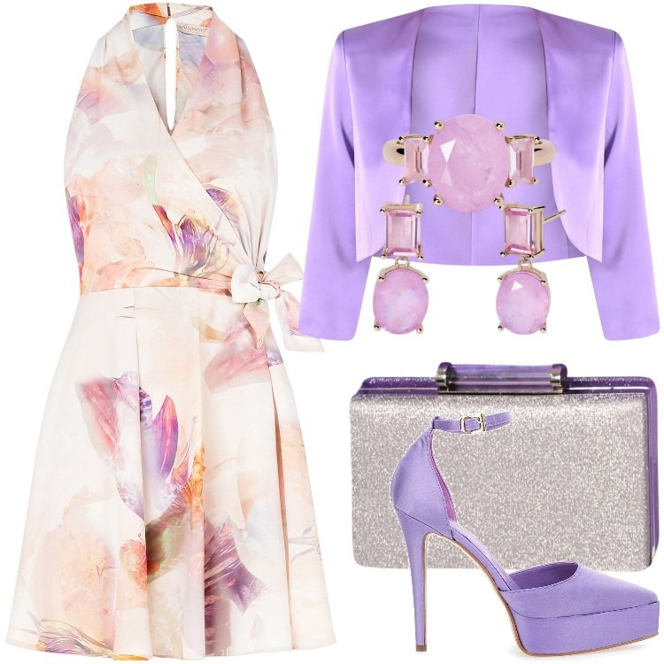 Outfit donna - Primavera in lilla. Stile Chic per Cerimonia. Abbinamento con orecchini, anelli, vestiti, pochette, bolero, décolleté.