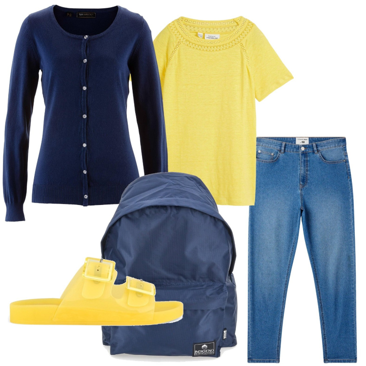 Outfit donna - Blu oceano. Stile Urban per Tutti i giorni. Abbinamento con cardigans, maglieria, jeans skinny, zaini, sandali.