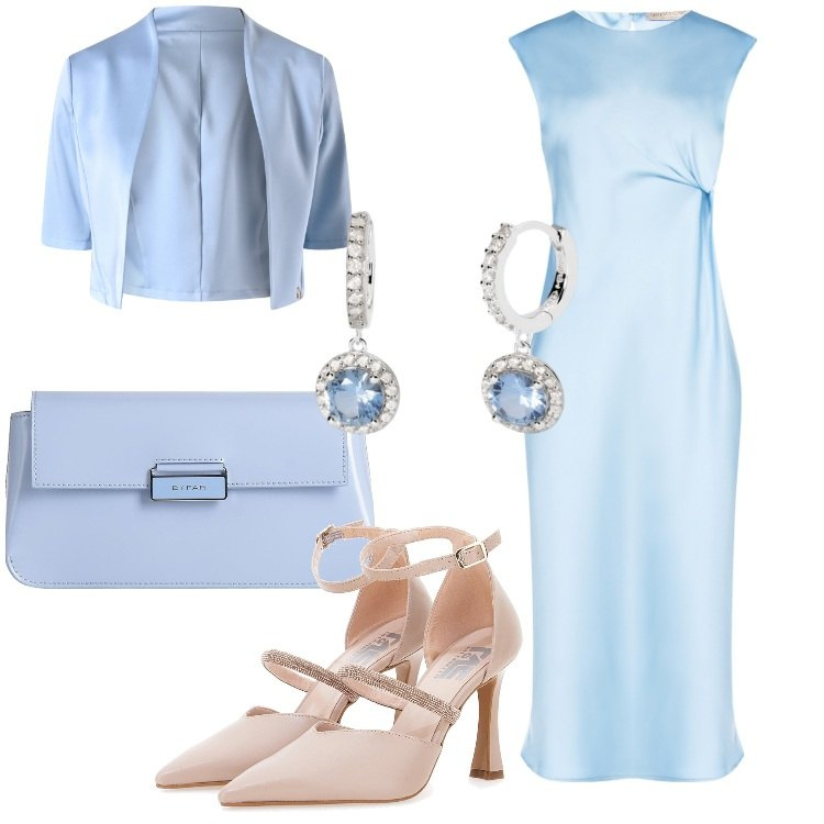 Outfit donna - Tinte pastello: delicatezza primaverile. Stile Chic per Cerimonia. Abbinamento con borse a mano, orecchini, bolero, vestiti midi/longuette, décolleté.