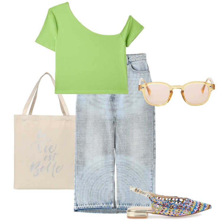 Outfit donna - La t-shirt monospalla. Stile Casual chic per Tutti i giorni. Abbinamento con borse tote, t-shirt, gonne lunghe, occhiali da sole, ballerine.
