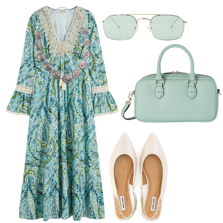 Outfit donna - Graziosa in stile boho. Stile Boho per Serata fuori. Abbinamento con vestiti, cinture, occhiali da sole, ballerine, borse a mano.
