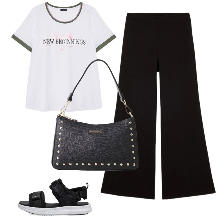 Outfit donna - Verissimo. Stile Chic per Scuola/Università. Abbinamento con sandali, borse a spalla, t-shirt, pantaloni a palazzo.