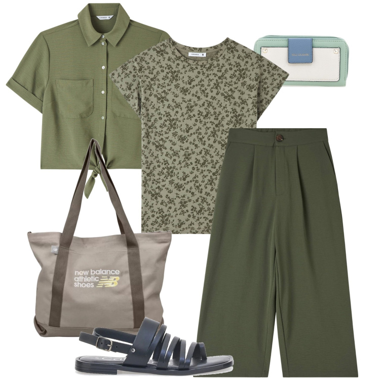 Outfit donna - Verde fango. Stile Basic per Tutti i giorni. Abbinamento con pantaloni a palazzo, t-shirt, camicie a manica corta, shopping bag, sandali, portafogli.