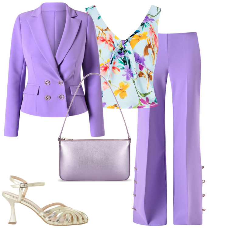Outfit donna - Lily. Stile Chic per Cerimonia. Abbinamento con pantaloni a palazzo, top, blazer, sandali col tacco, borse a spalla.