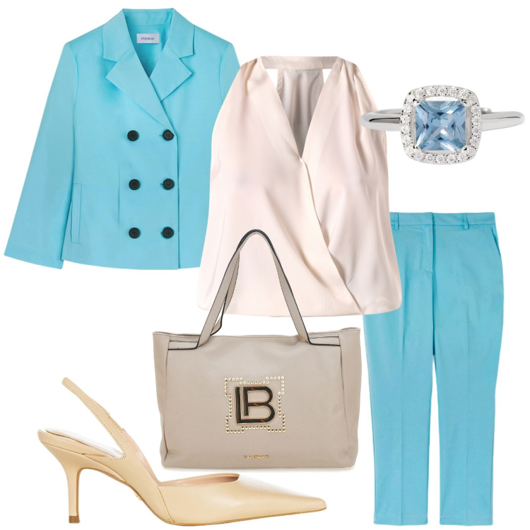 Outfit donna - L\'eleganza del tailleur. Stile Glamour per Ufficio. Abbinamento con anelli, top, décolleté, borse a spalla, pantaloni, blazer.