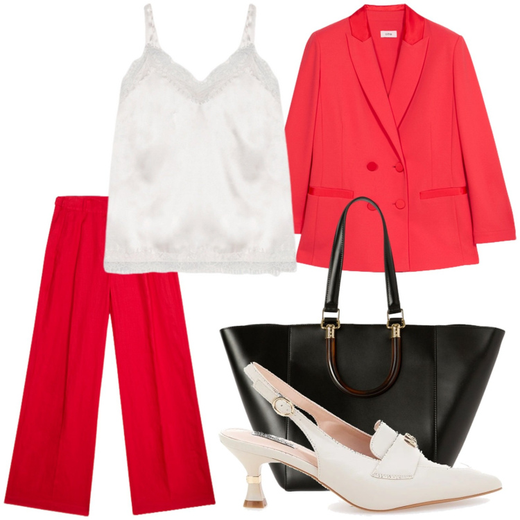 Outfit donna - L\'eleganza del tailleur. Stile Minimal per Ufficio. Abbinamento con décolleté, canottiere, blazer, shopping bag, pantaloni a palazzo.