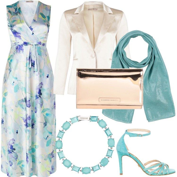 Outfit donna - Total look #2121700. Stile Chic per Cerimonia. Abbinamento con sciarpe, borse a mano, braccialetti, sandali col tacco, vestiti lunghi, blazer.