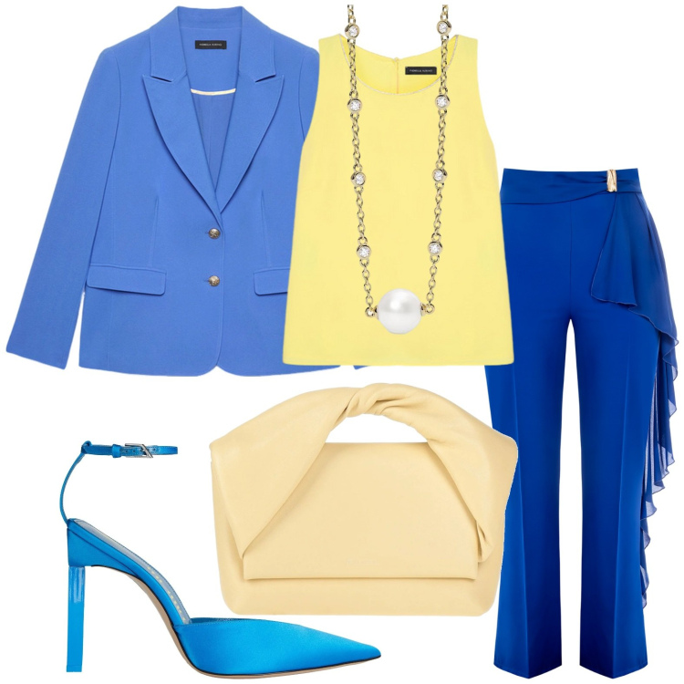 Outfit donna - L\'eleganza del tailleur. Stile Chic per Serata fuori. Abbinamento con décolleté, borse a mano, collane, pantaloni, top, blazer.