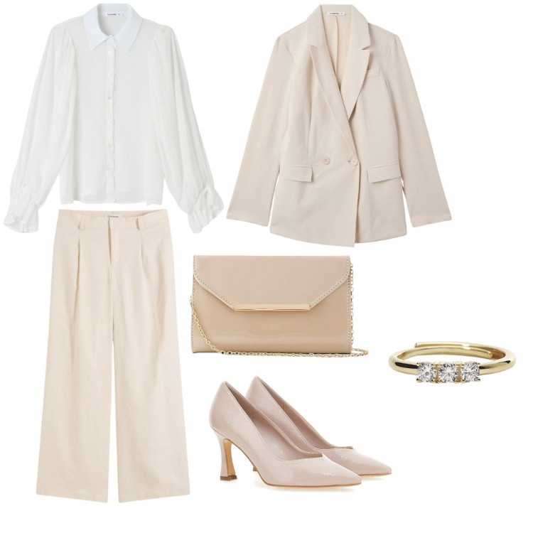 Outfit donna - Light brown. Stile Romantica per Cerimonia. Abbinamento con pochette, pantaloni a palazzo, blazer, camicie, anelli, décolleté.