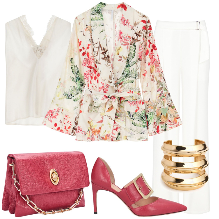 Outfit donna - Eleganza di Maggio. Stile Chic per Tutti i giorni. Abbinamento con décolleté, pantaloni, blazer, top, braccialetti, borse a tracolla.