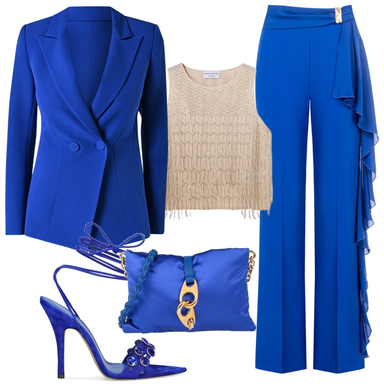 Outfit donna - Bluette per la cerimonia. Stile Chic per Cerimonia. Abbinamento con borse a tracolla, pantaloni, blazer, top, sandali in pelle.