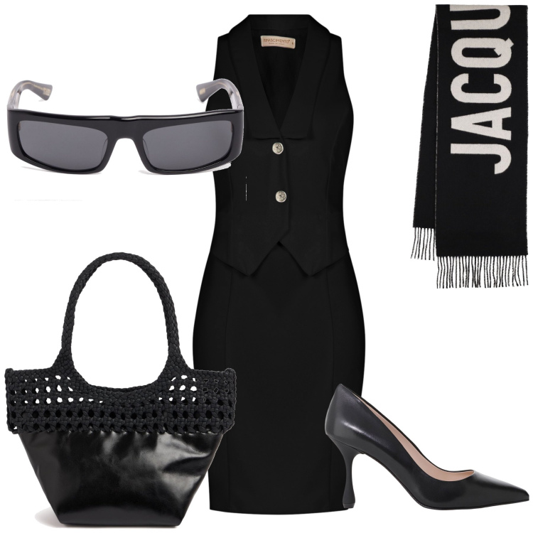 Outfit donna - Un tubino per il lavoro. Stile Chic per Ufficio. Abbinamento con vestiti a tubino, décolleté, shopping bag, sciarpe, occhiali da sole.