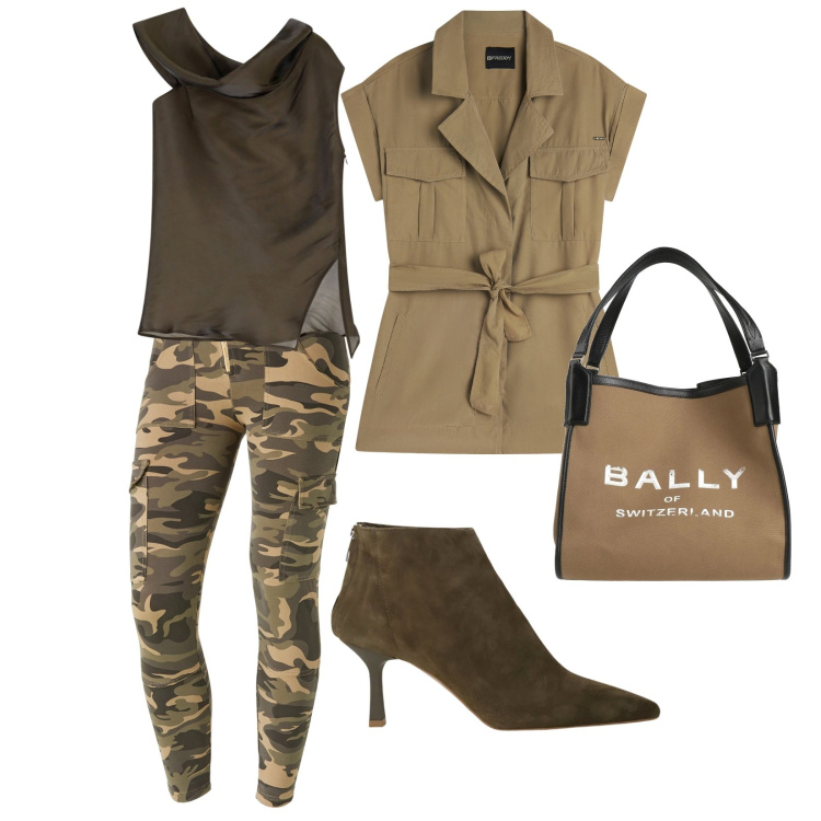 Outfit donna - Military. Stile Military per Tutti i giorni. Abbinamento con borse a mano, top, pantaloni cargo, trench, stivaletti.