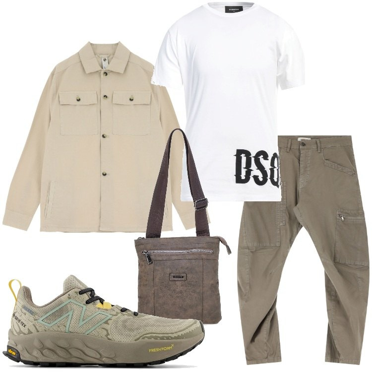 Outfit uomo - Disinvolto. Stile Trendy per Tutti i giorni. Abbinamento con t-shirt, sneakers, camicie, pantaloni cargo, portafogli.