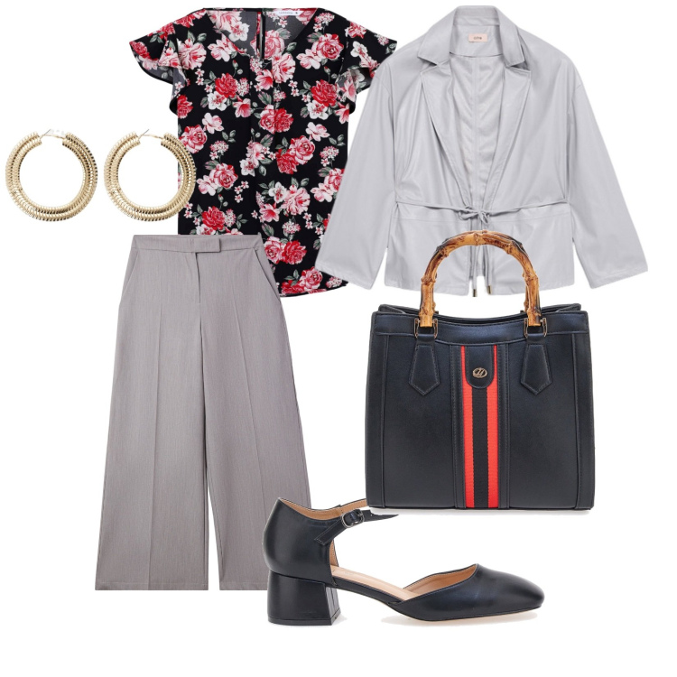 Outfit donna - È tempo di fiori. per Tutti i giorni. Abbinamento con pantaloni a palazzo, bluse, orecchini, décolleté, borse a tracolla, blazer.