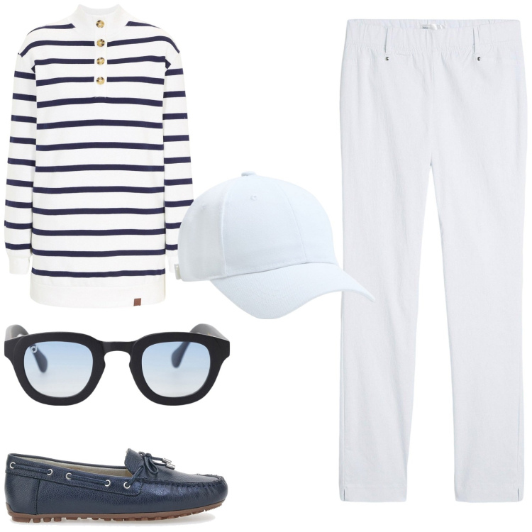 Outfit donna - Scampagnata. Stile Basic per Tutti i giorni. Abbinamento con pantaloni, felpe, cappelli, occhiali da sole, mocassini.