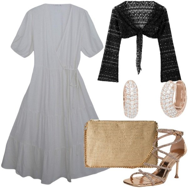 Outfit donna - Terranova per le Vacanze italiane. Stile Glamour per Serata fuori. Abbinamento con vestiti lunghi, sandali col tacco, borse a tracolla, bolero, orecchini.