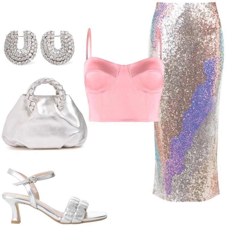 Outfit donna - Chic and glam. Stile Glamour per Serata fuori. Abbinamento con canottiere, gonne longuette, sandali col tacco, borse a mano, orecchini.