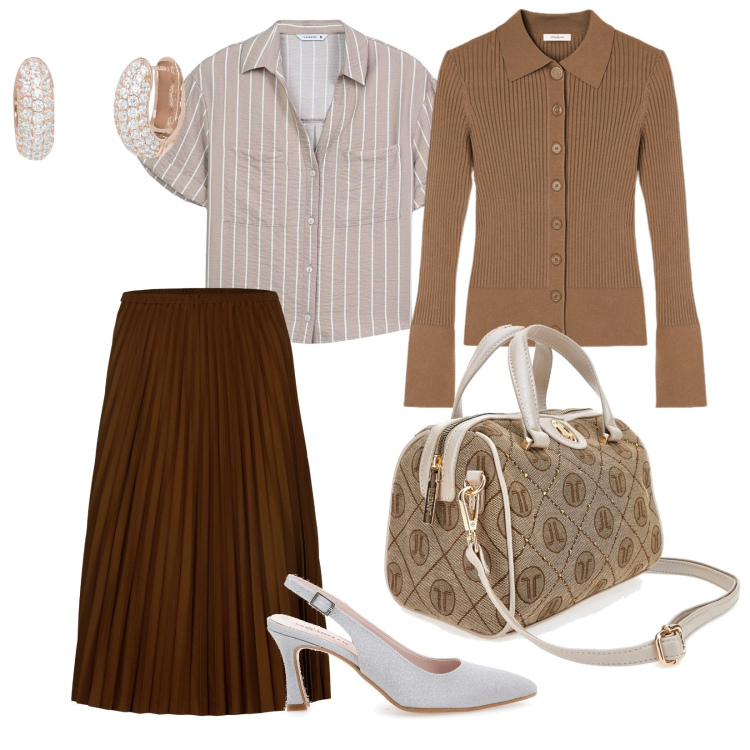 Outfit donna - La gonna plissettata. per Tutti i giorni. Abbinamento con camicie a manica corta, orecchini, décolleté, gonne longuette, borse a mano, cardigans.