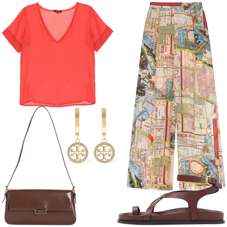Outfit donna - Pantaloni originali. Stile Casual chic per Tutti i giorni. Abbinamento con borse a spalla, t-shirt, pantaloni a palazzo, orecchini, sandali in pelle.