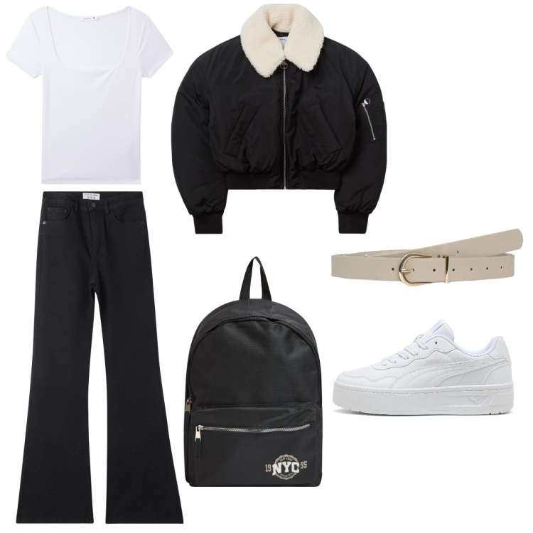 Outfit donna - School. Stile Casual per Scuola/Università. Abbinamento con jeans a zampa, t-shirt, zaini, blazer, cinture, sneakers.