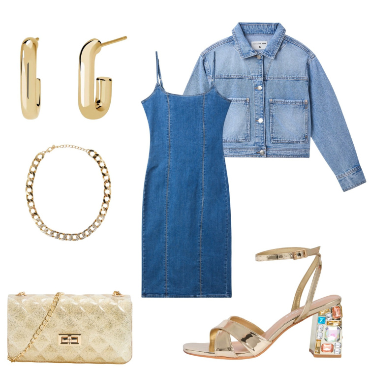 Outfit donna - Chic in jeans. Stile Casual chic per Serata fuori. Abbinamento con borse a tracolla, collane, vestiti a tubino, sandali gioiello, cappotti, orecchini.