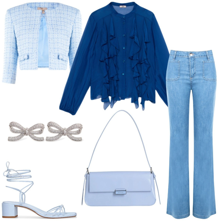 Outfit donna - In città. Stile Casual chic per Tutti i giorni. Abbinamento con borse a spalla, bolero, jeans, sandali in pelle, camicie, orecchini.