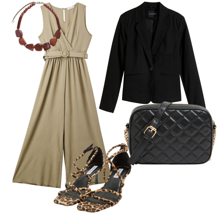 Outfit donna - Pronta. per Serata fuori. Abbinamento con blazer, tute, sandali col tacco, borse a tracolla, collane.