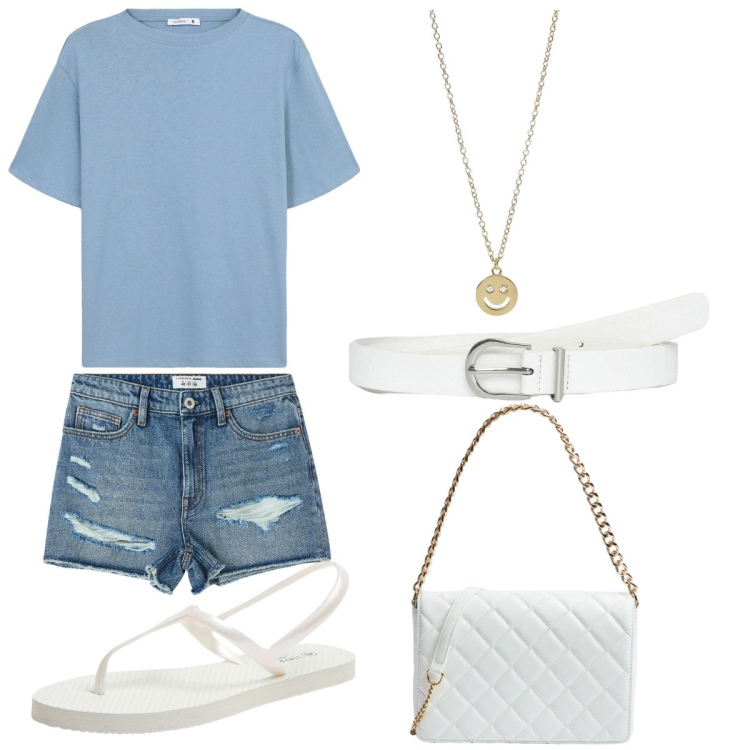 Outfit donna - Summer. Stile Chic per Tutti i giorni. Abbinamento con sandali, shorts, t-shirt, cinture, borse a tracolla, collane.