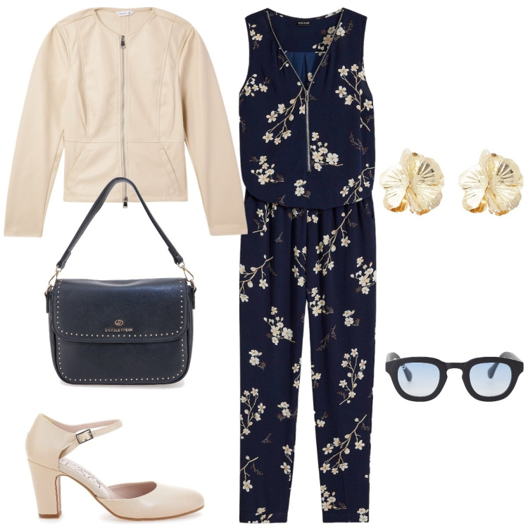 Outfit donna - La tuta a fiori. Stile Casual chic per Tutti i giorni. Abbinamento con tute, blazer, occhiali da sole, orecchini, borse a tracolla, décolleté.
