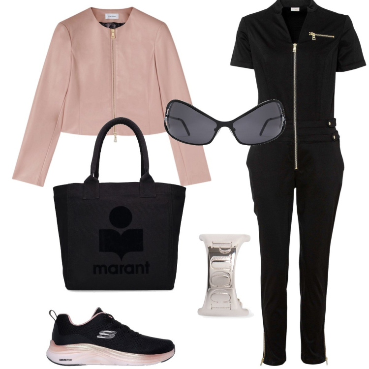 Outfit donna - Sportiva in città. Stile Sporty chic per Tutti i giorni. Abbinamento con tute, sneakers, shopping bag, orecchini, occhiali da sole, blazer.