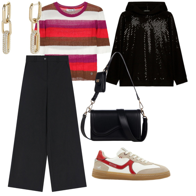 Outfit donna - Esco stasera. per Serata fuori. Abbinamento con sneakers, orecchini, pochette, maglieria, pantaloni, felpe con cappuccio.