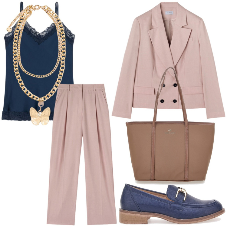 Outfit donna - La collana luminosa. Stile Minimal per Ufficio. Abbinamento con mocassini, blazer, borse a spalla, collane, pantaloni a palazzo, top.