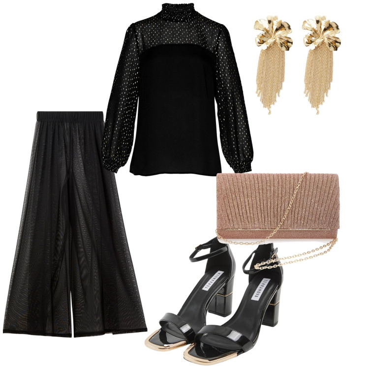 Outfit donna - Invito serale. per Serata fuori. Abbinamento con tuniche, sabot, pantaloni a palazzo, orecchini, pochette.