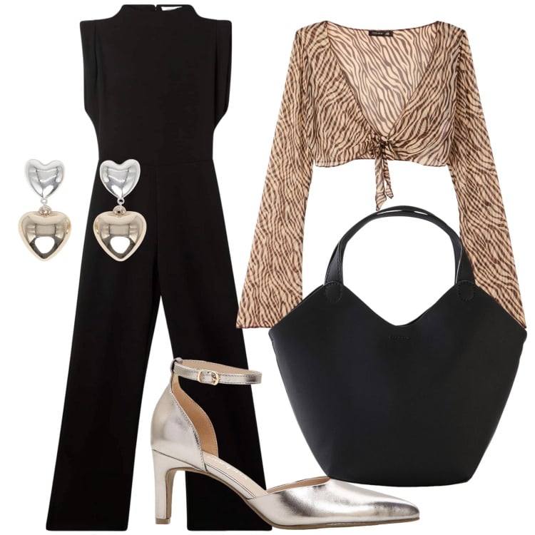 Outfit donna - La tuta nera. Stile Casual chic per Serata fuori. Abbinamento con borse a mano, décolleté, tute, bolero, orecchini.