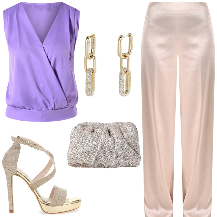 Outfit donna - Cerimonia con look informale. Stile Casual chic per Cerimonia. Abbinamento con pantaloni a palazzo, top, clutch, orecchini, sandali col tacco.