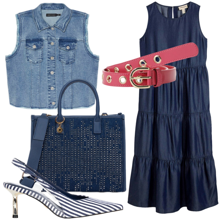 Outfit donna - L\'abito con le balze. Stile Minimal per Ufficio. Abbinamento con vestiti midi/longuette, décolleté, cinture, gilet, borse a mano.