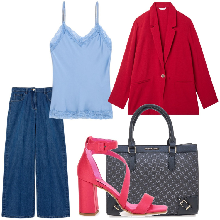 Outfit donna - Tacchi e blazer. Stile Chic per Ufficio. Abbinamento con blazer, borse a tracolla, sandali col tacco, top, jeans.